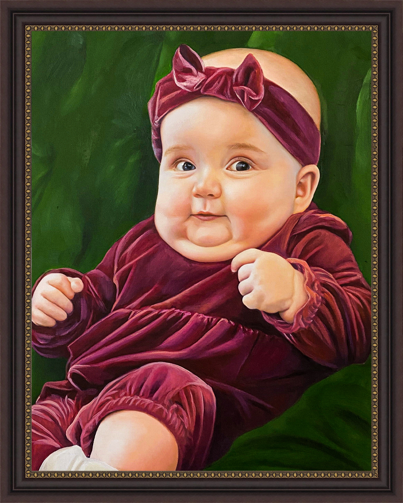 Oil painting of baby girl in maroon velvet outfit with bow headband